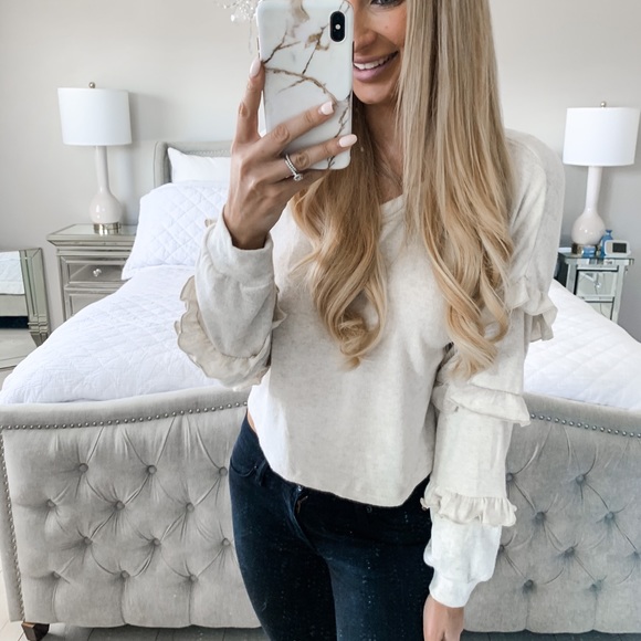 Ruffle Oatmeal Long Sleeve Detail Loose Top - Picture 9 of 11